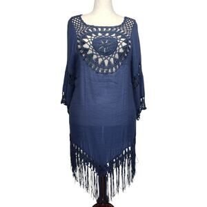 Boho Crochet Fringe Cover‑Up Dress Women’s M Navy Blue Vacation Wear